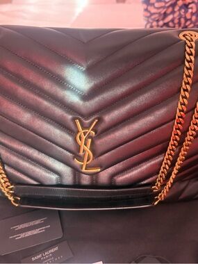 Saint Laurent Black Quilted Chevron Leather Shoulder Bag with Gold Hardware